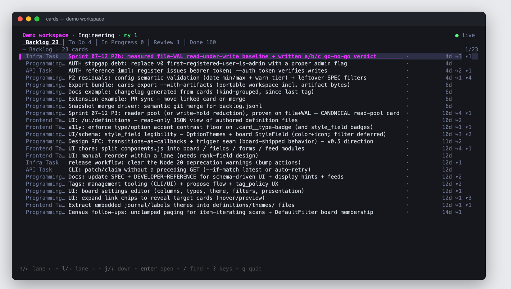 The terminal UI on the seeded demo board